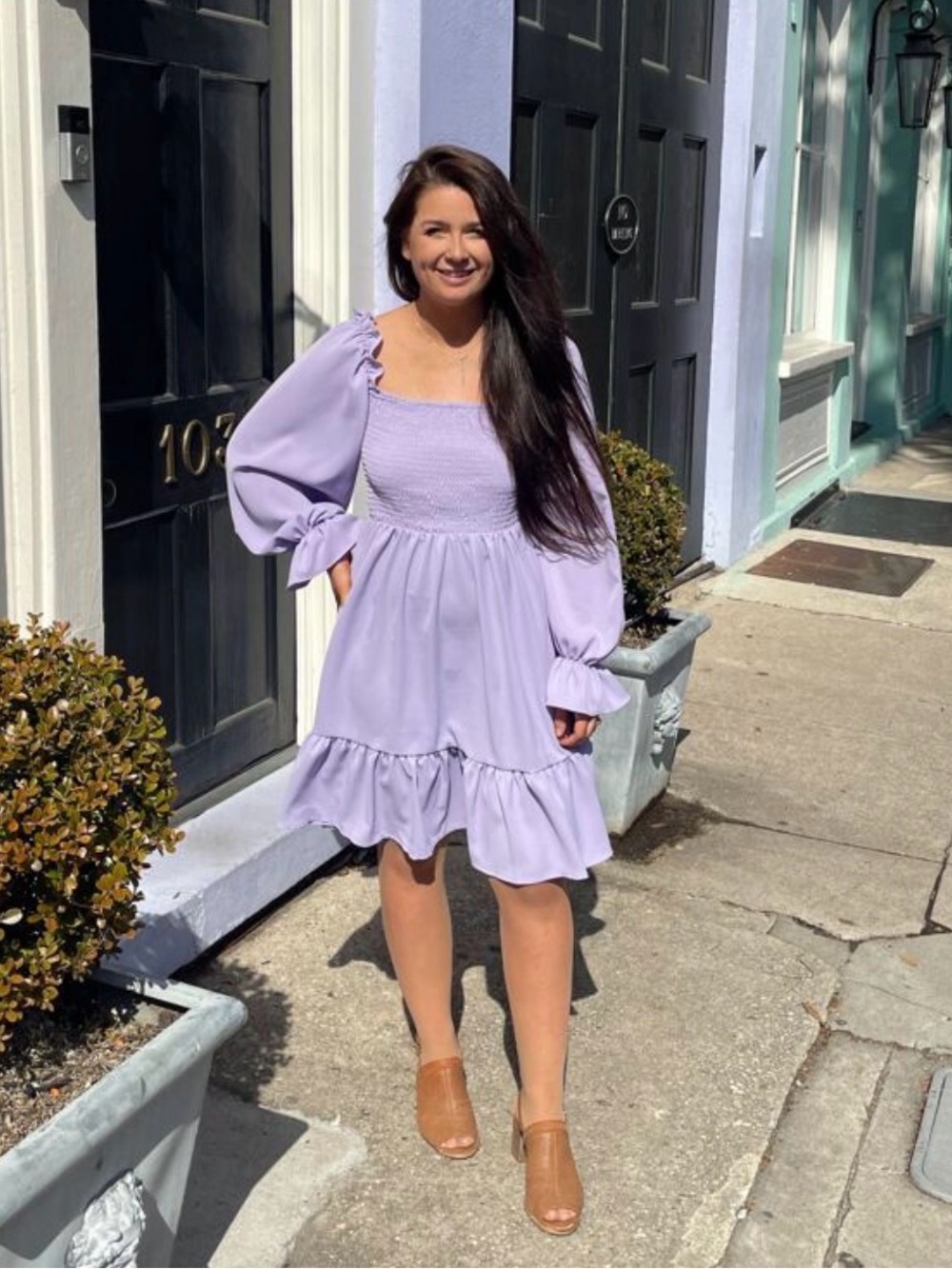 SHEIN Lilac Long Sleeve Smocked Babydoll Dress